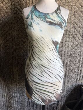 Sleeveless Marble-Print Mini Dress in Teal, White & Brown 100%Strech Cotton